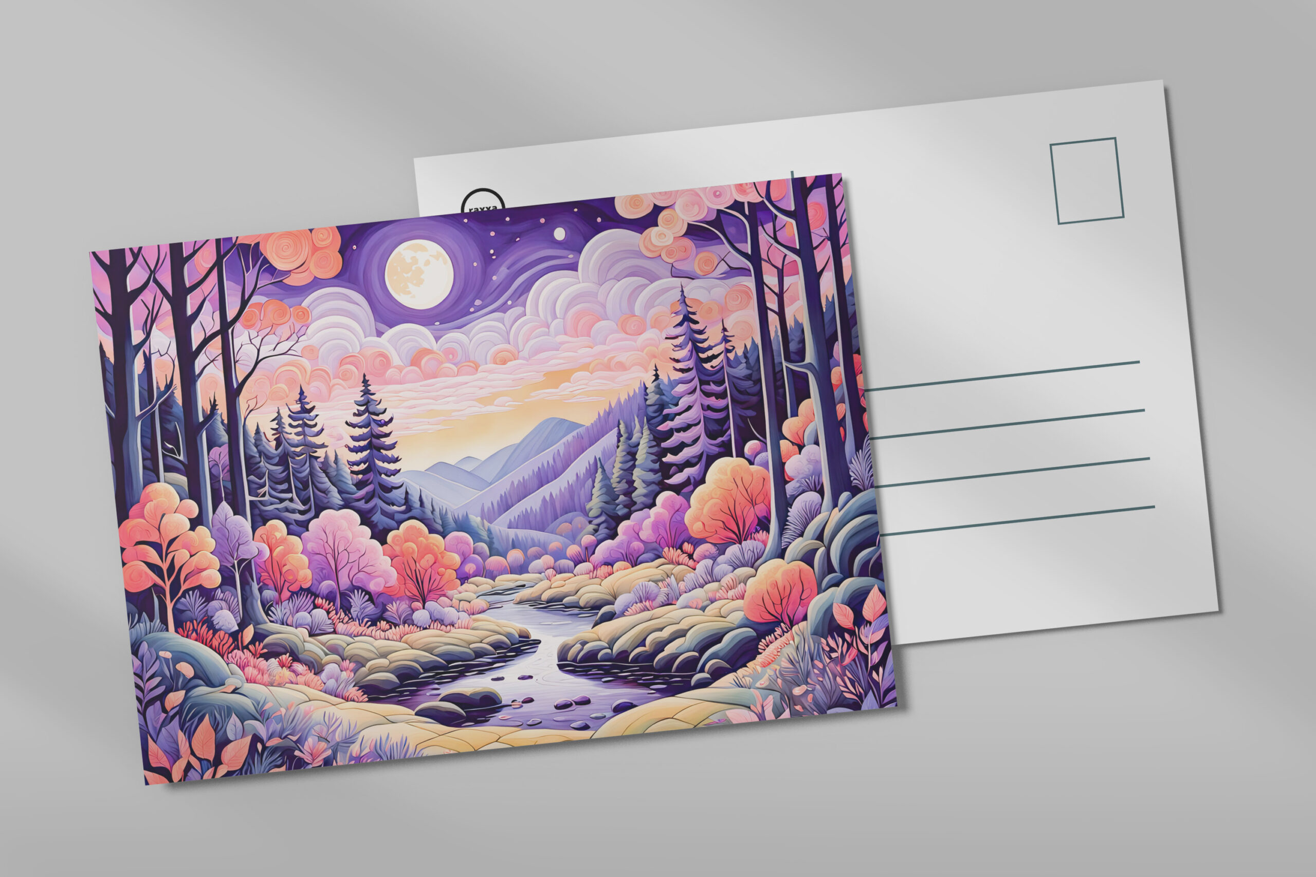 raxxa Postkarte: Colorful Autumn Landscape with Stream under Moonlight