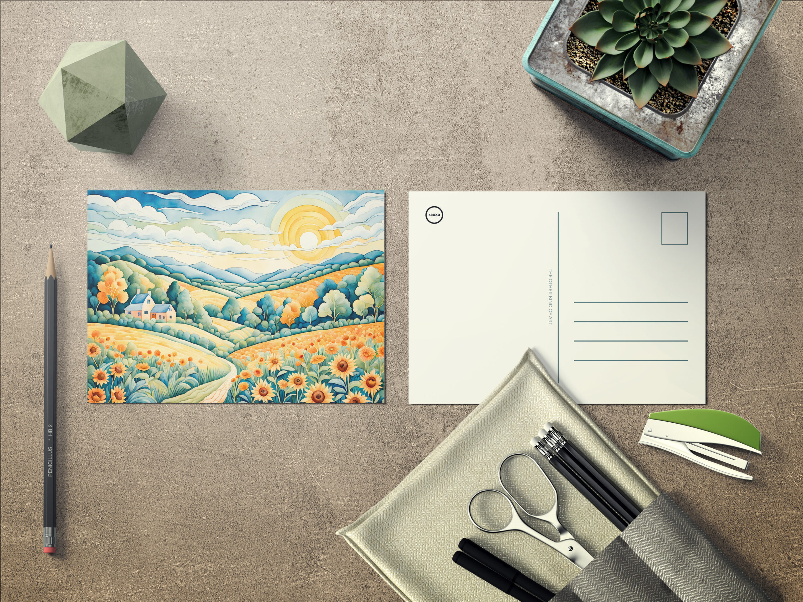 raxxa Postkarte: Pastel Landscape with Sunflower Fields and Path