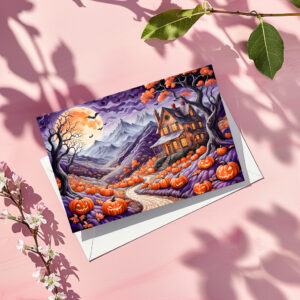 raxxa Postkarte: Spooky Halloween Villa with Pumpkins and Bats