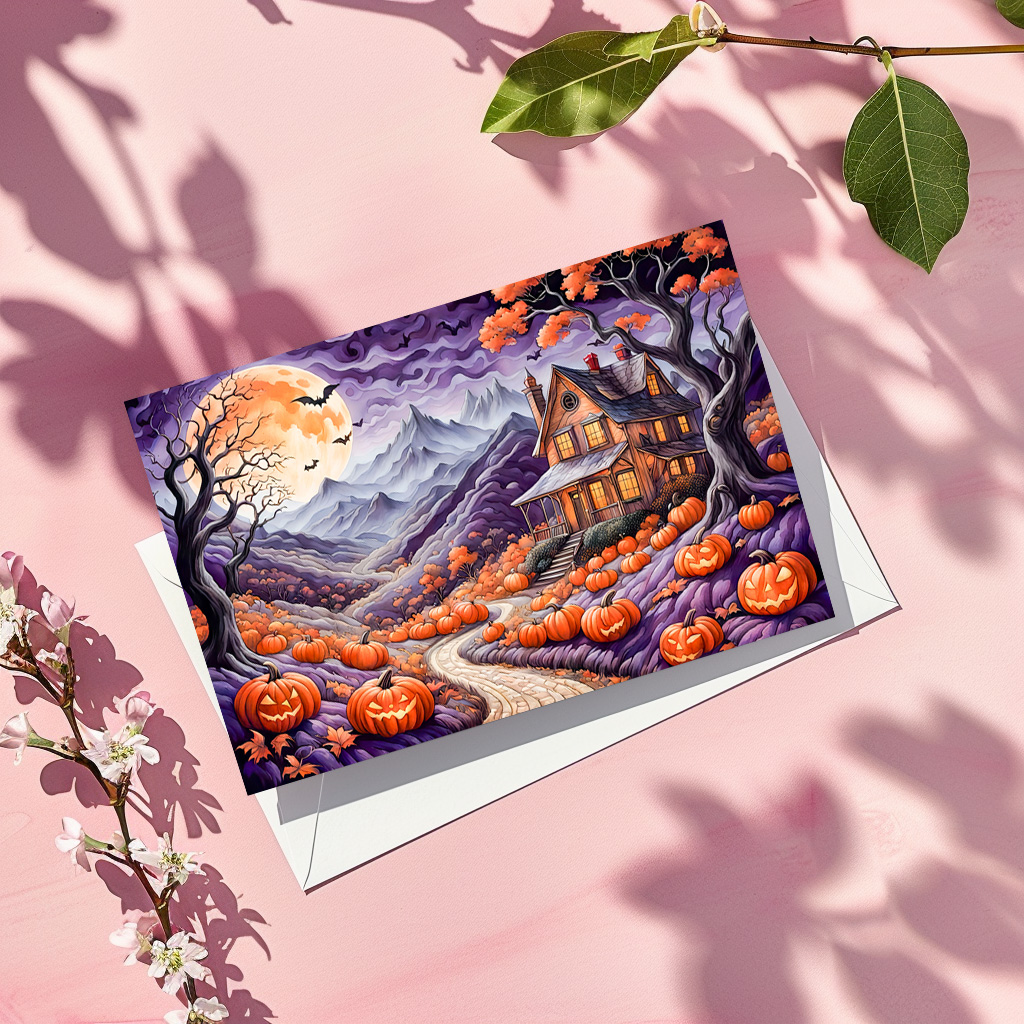 raxxa Postkarte: Spooky Halloween Villa with Pumpkins and Bats