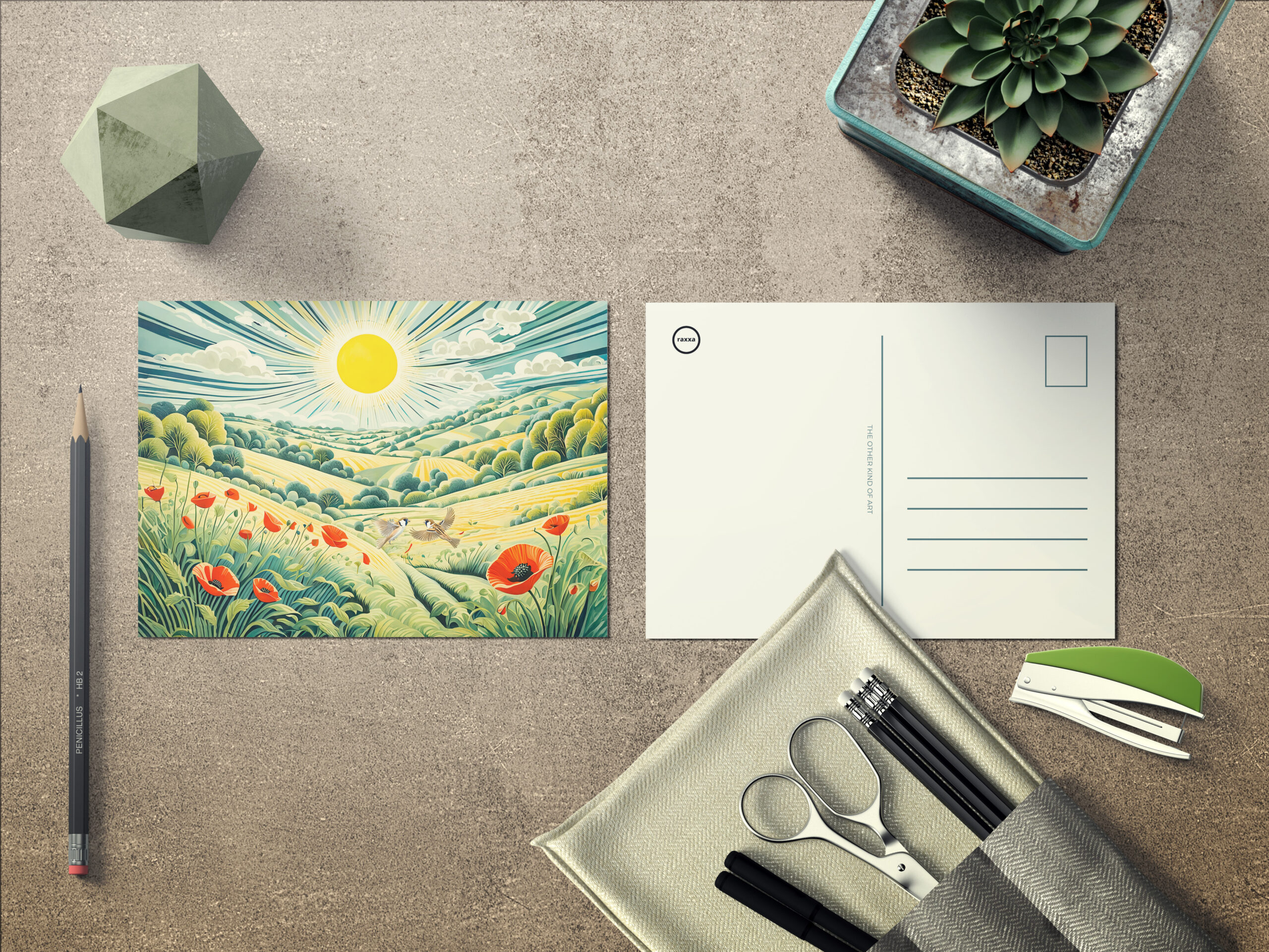 raxxa Postkarte: Path Through Poppy Field with Flying Sparrows