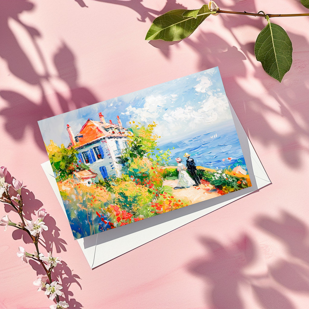 raxxa Postkarte: Coastal House with Flowers Impressionist Seascape
