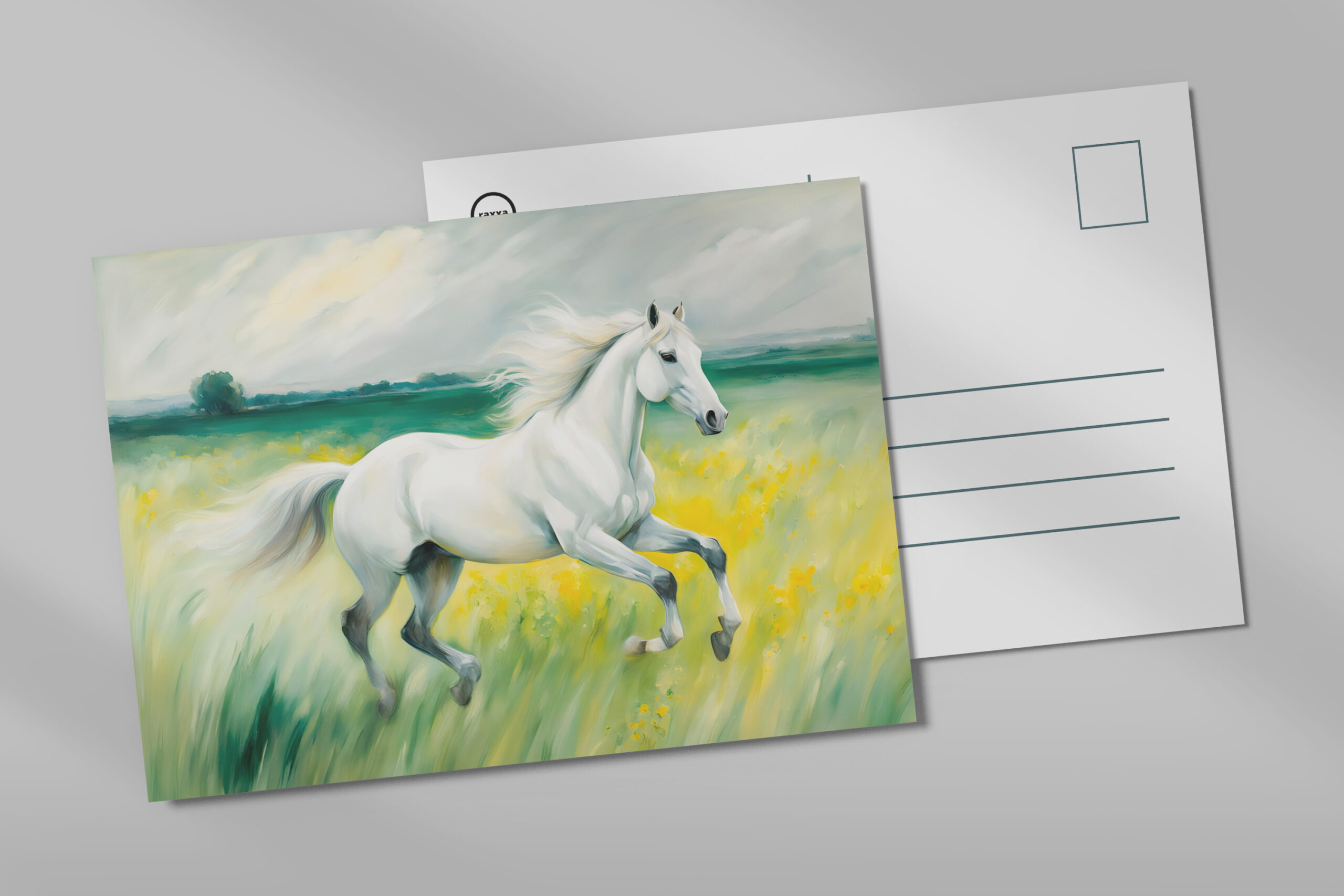 raxxa Postkarte: White Horse Running Across Meadow