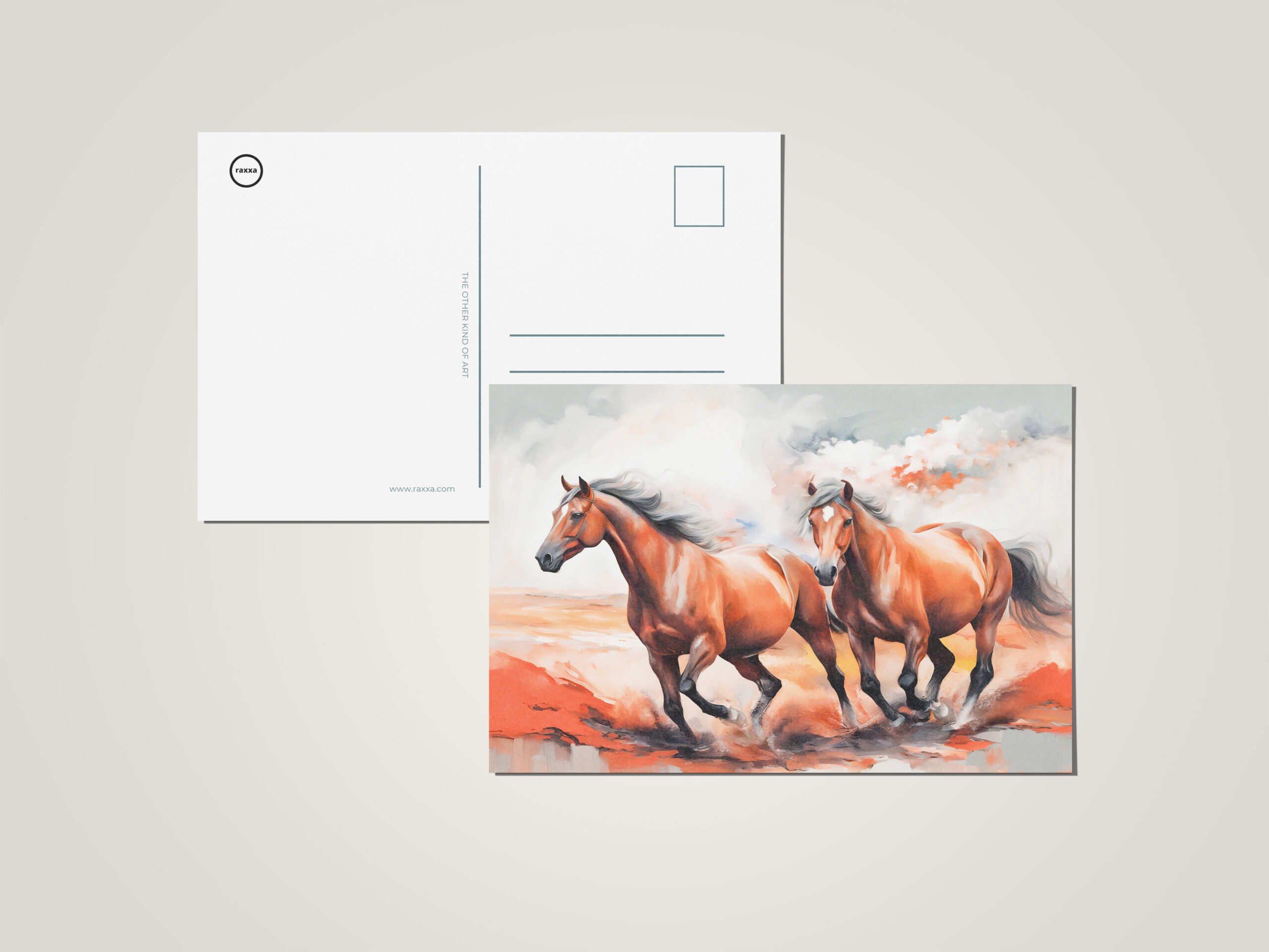 raxxa Postkarte: Two Chestnut Horses Running Through Red Sand