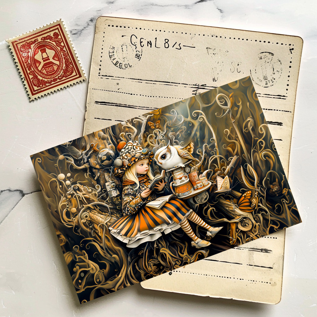 raxxa Postkarte: Little Girl with Owl in a Tree Root House