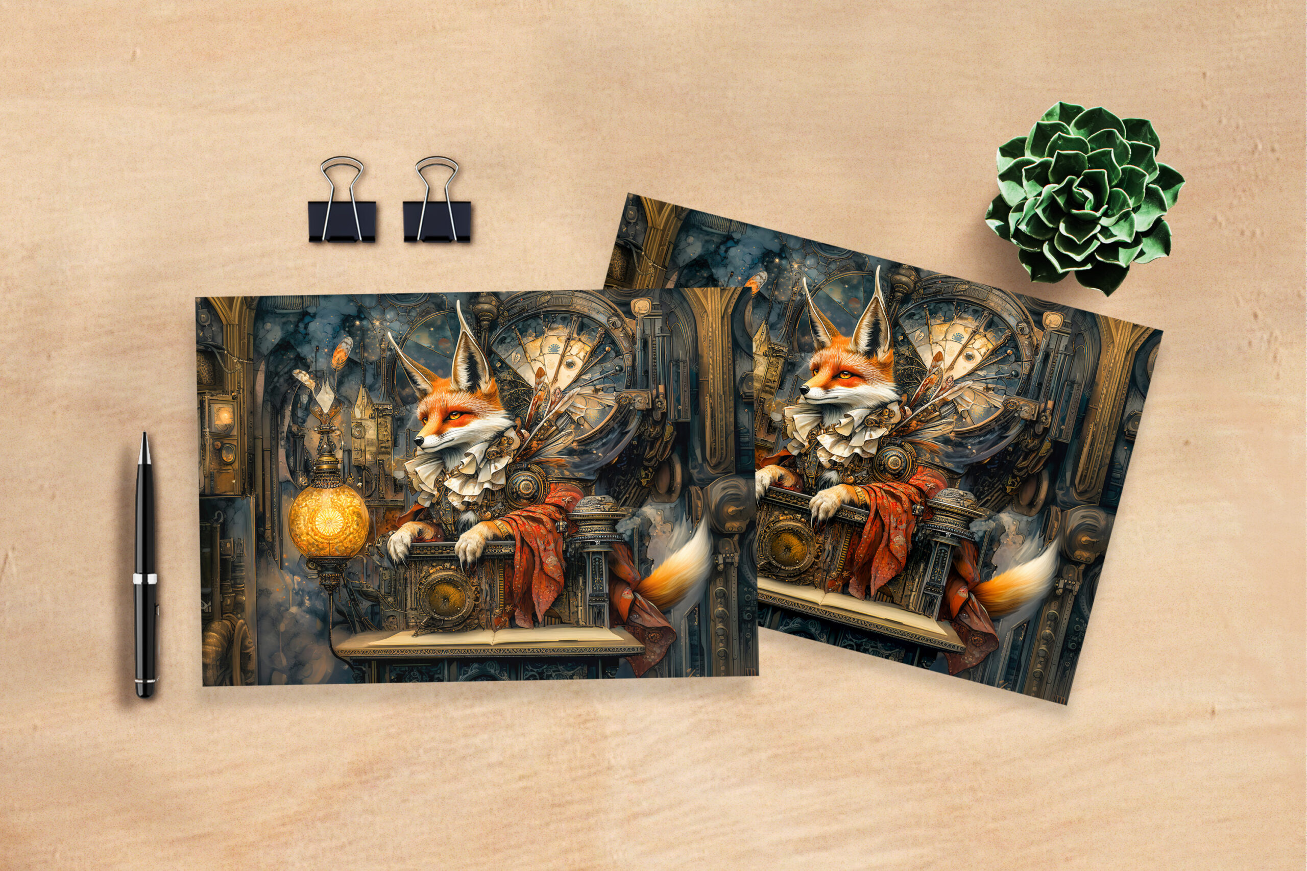 raxxa Postkarte: Fox on a Steampunk Pulpit in a Mystical Scene