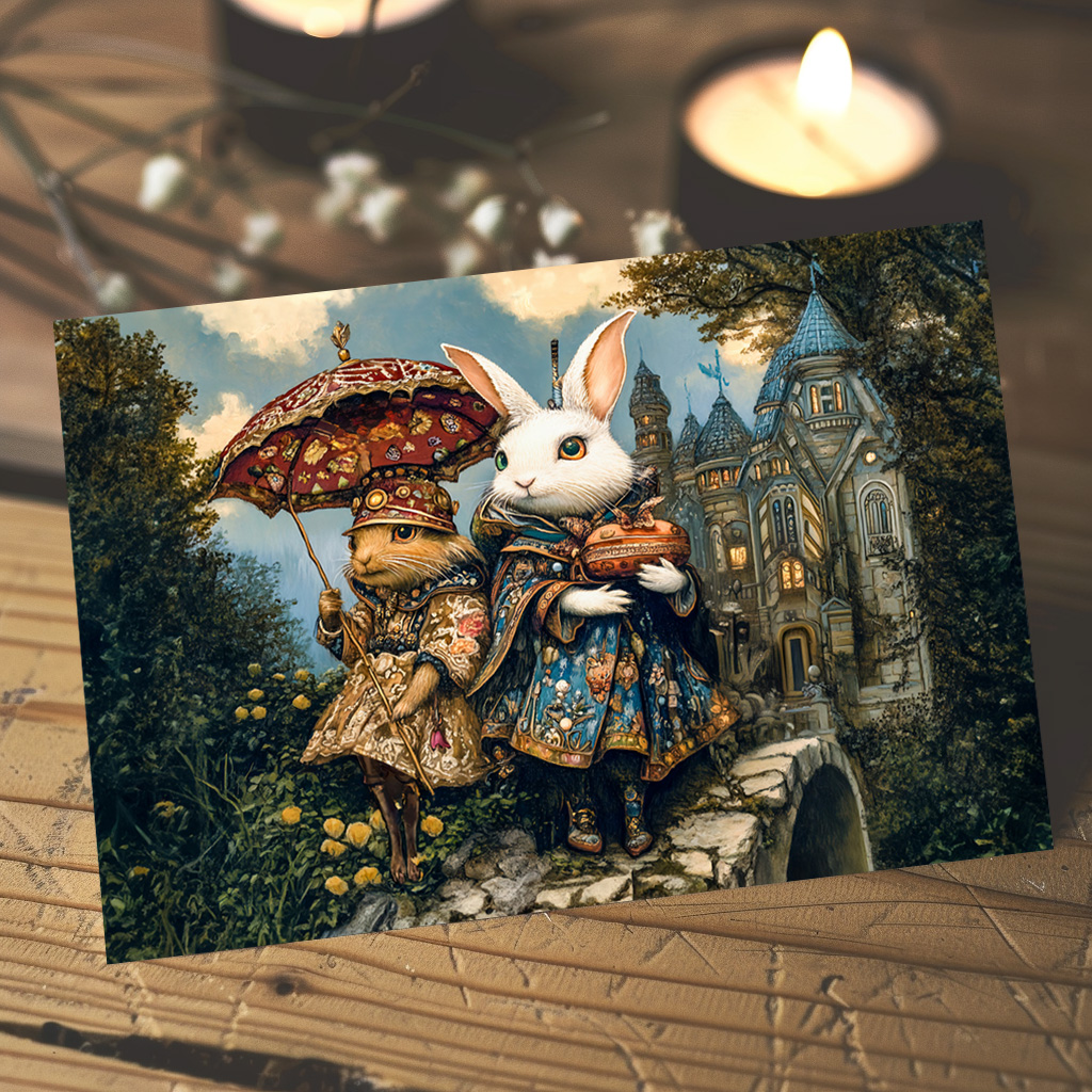 raxxa Postkarte: Two Rabbits on a Castle Bridge in Fantasy Scene