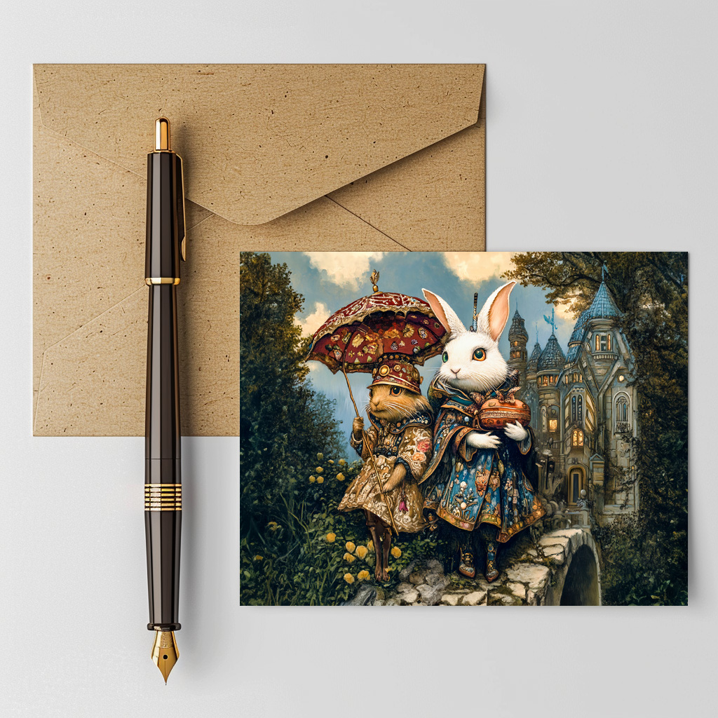 raxxa Postkarte: Two Rabbits on a Castle Bridge in Fantasy Scene - Imagen 2