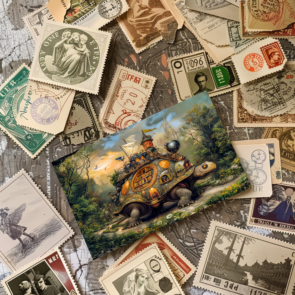 raxxa Postkarte: Turtle with Library and Rooftop Terrace on the Path