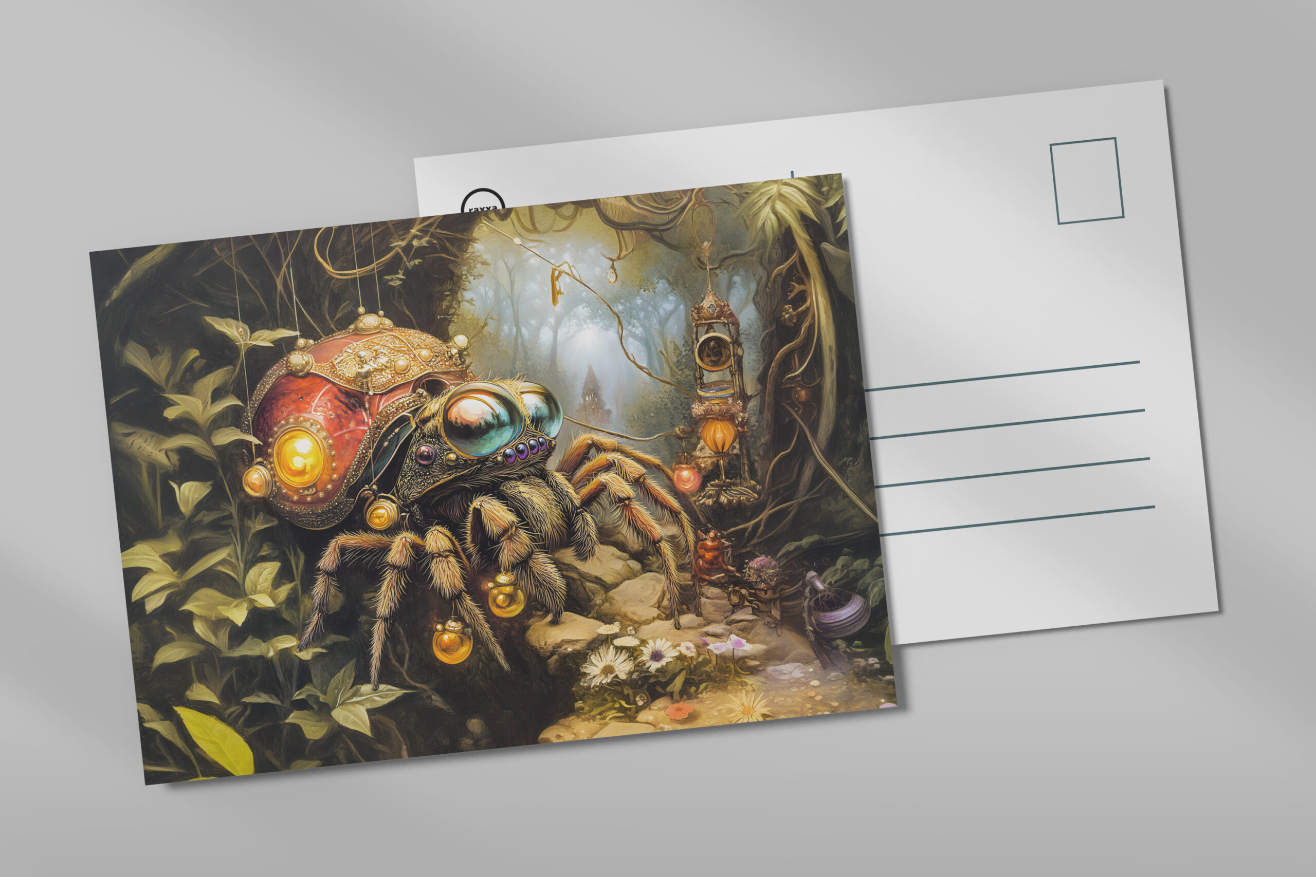 raxxa Postkarte: Funny Spider with Snail Shell Body in Fantasy Forest