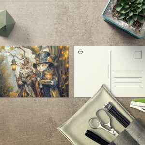 raxxa Postkarte: Two Magic Cats in a Steampunk Fantasy Scene