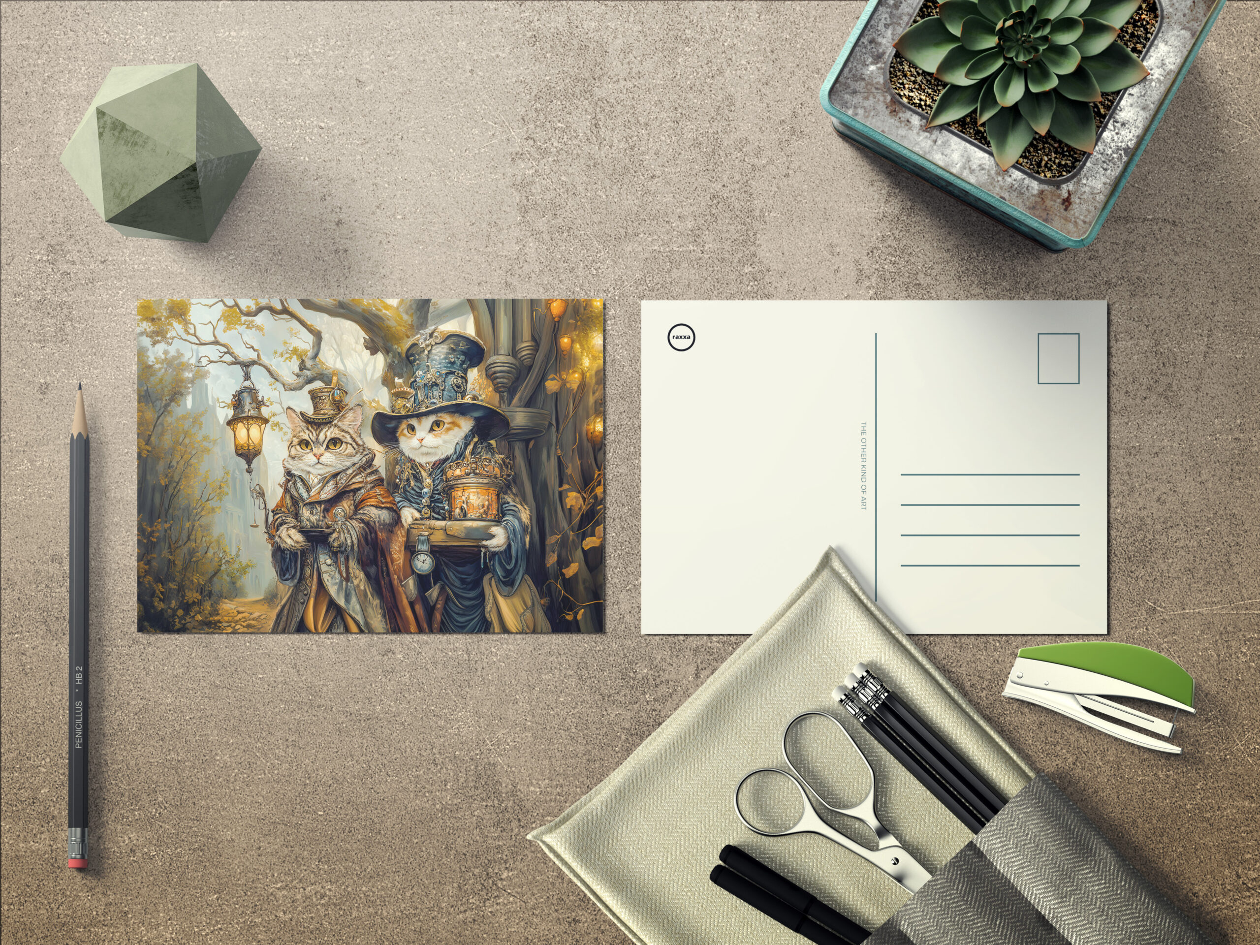 raxxa Postkarte: Two Magic Cats in a Steampunk Fantasy Scene