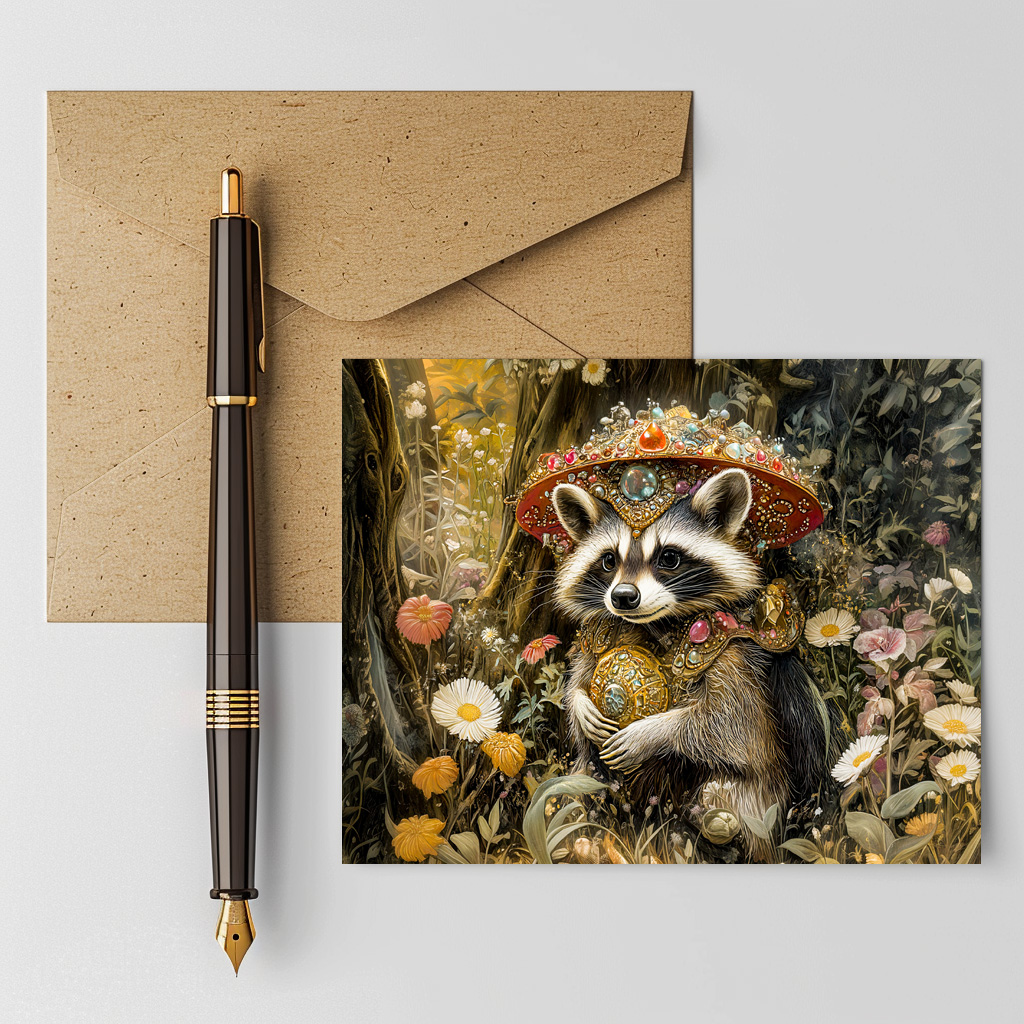 raxxa Postkarte: Raccoon with a Fly Agaric Mushroom in Fantasy Forest