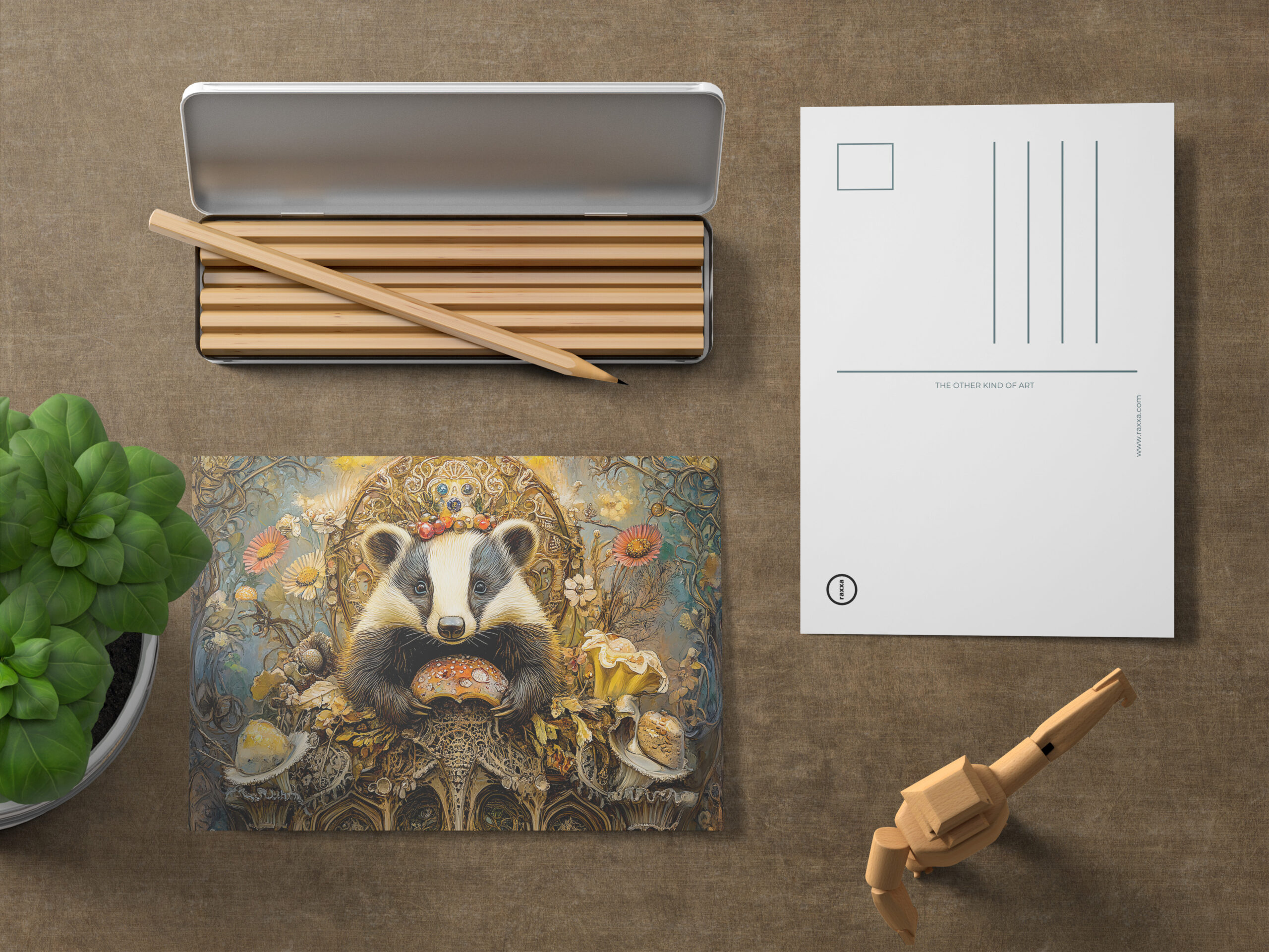 raxxa Postkarte: Badgers on a Mushroom Throne in a Fantasy Scene