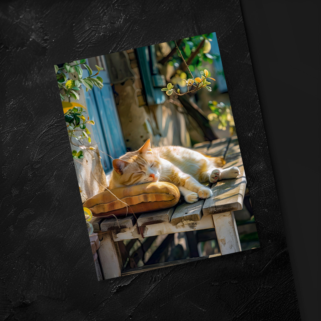 raxxa Postkarte: A sleeping cat rests peacefully in a cozy environment on bench in front of a house