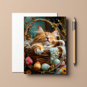 raxxa Postkarte: Cute Cat Sleeping in Wicker Basket Surrounded by Easter Eggs