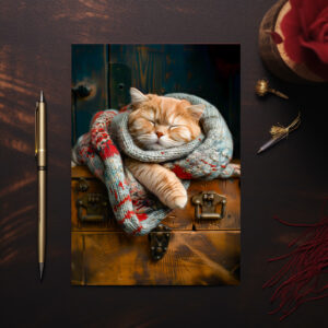 raxxa Postkarte: Cozy Cat Napping in Comfortable Setting on a wooden box