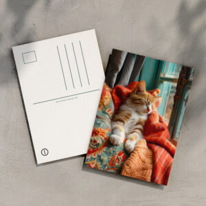 raxxa Postkarte: cat rests peacefully in a cozy environment under a blanket next to a window