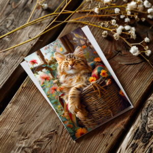 raxxa Postkarte: Cozy Cat Napping in Comfortable Setting in a basket