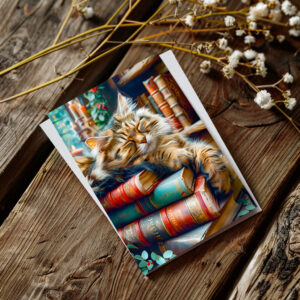 raxxa Postkarte: Cozy Cat Napping in Comfortable Book Setting