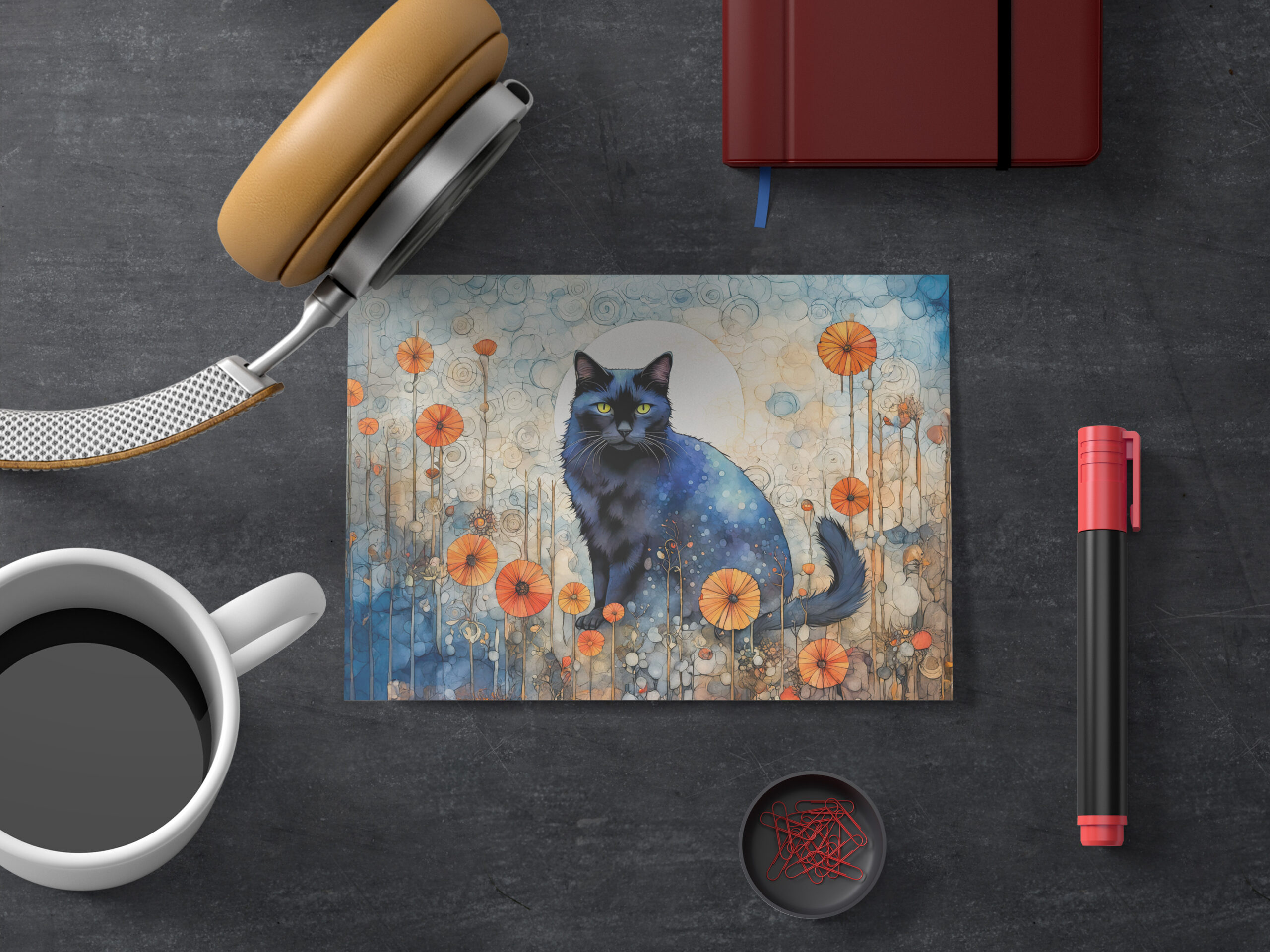 raxxa Postkarte: Watercolor Black Cat in Poppy Field