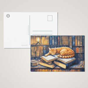raxxa Postkarte: Watercolor Orange Cat Sleeping on Books