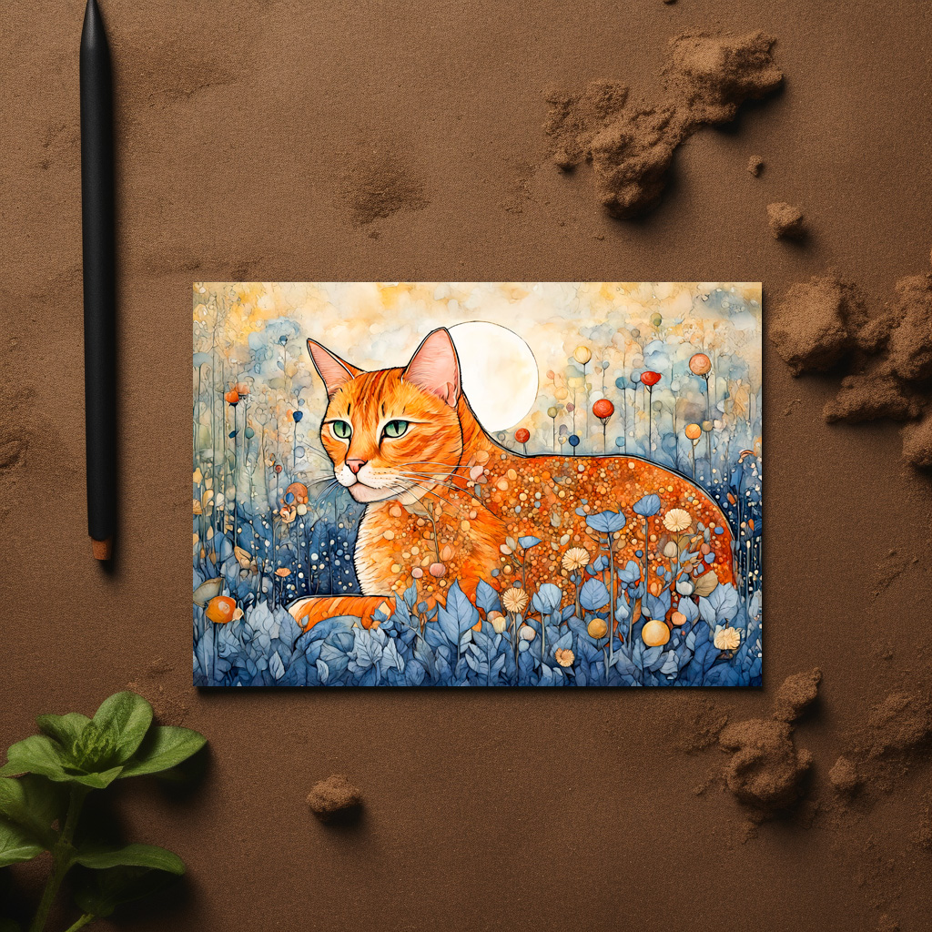 raxxa Postkarte: Watercolor Orange Cat Relaxing in Flowers