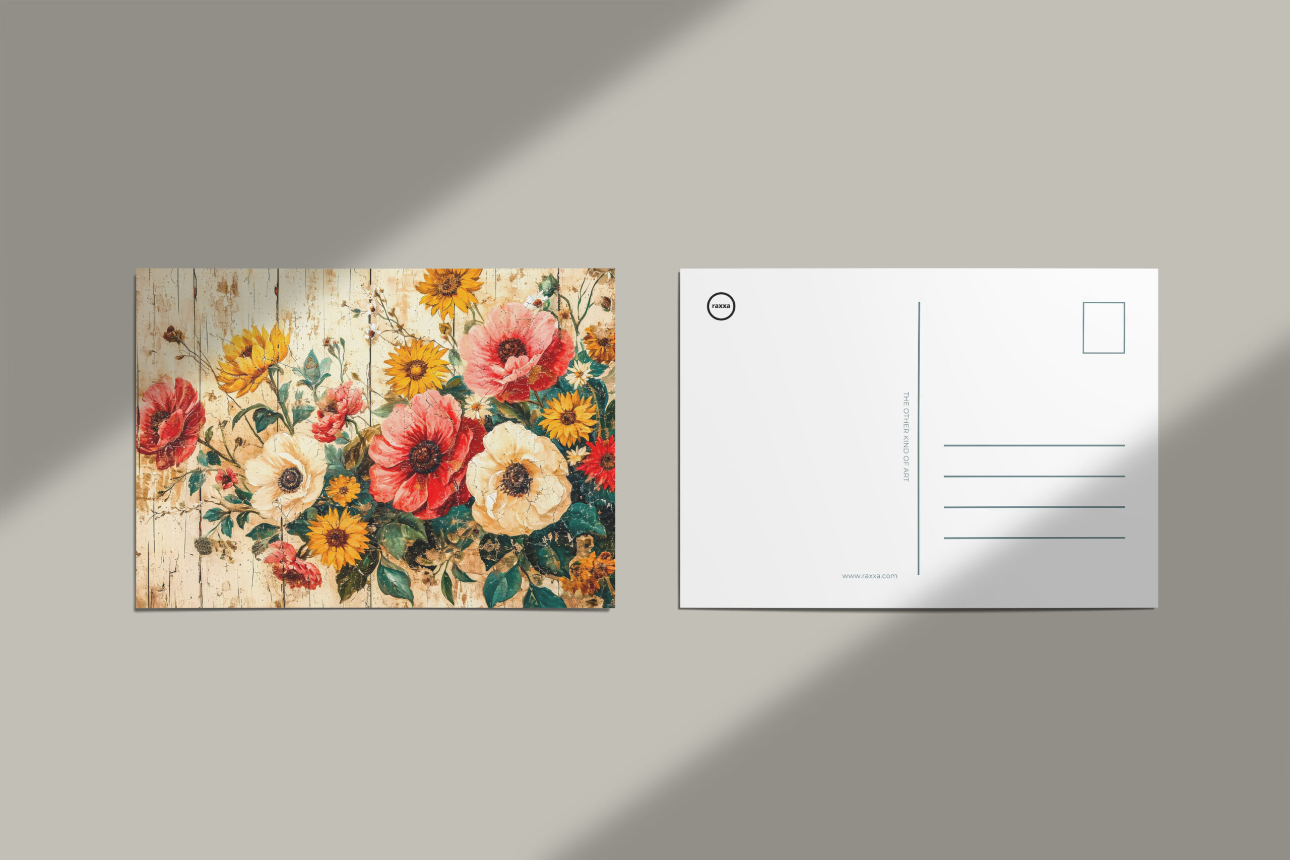 raxxa Postkarte: Wild Roses and Poppies on Rustic Wood