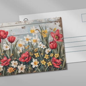raxxa Postkarte: Red Tulips and Daisies on White Planks