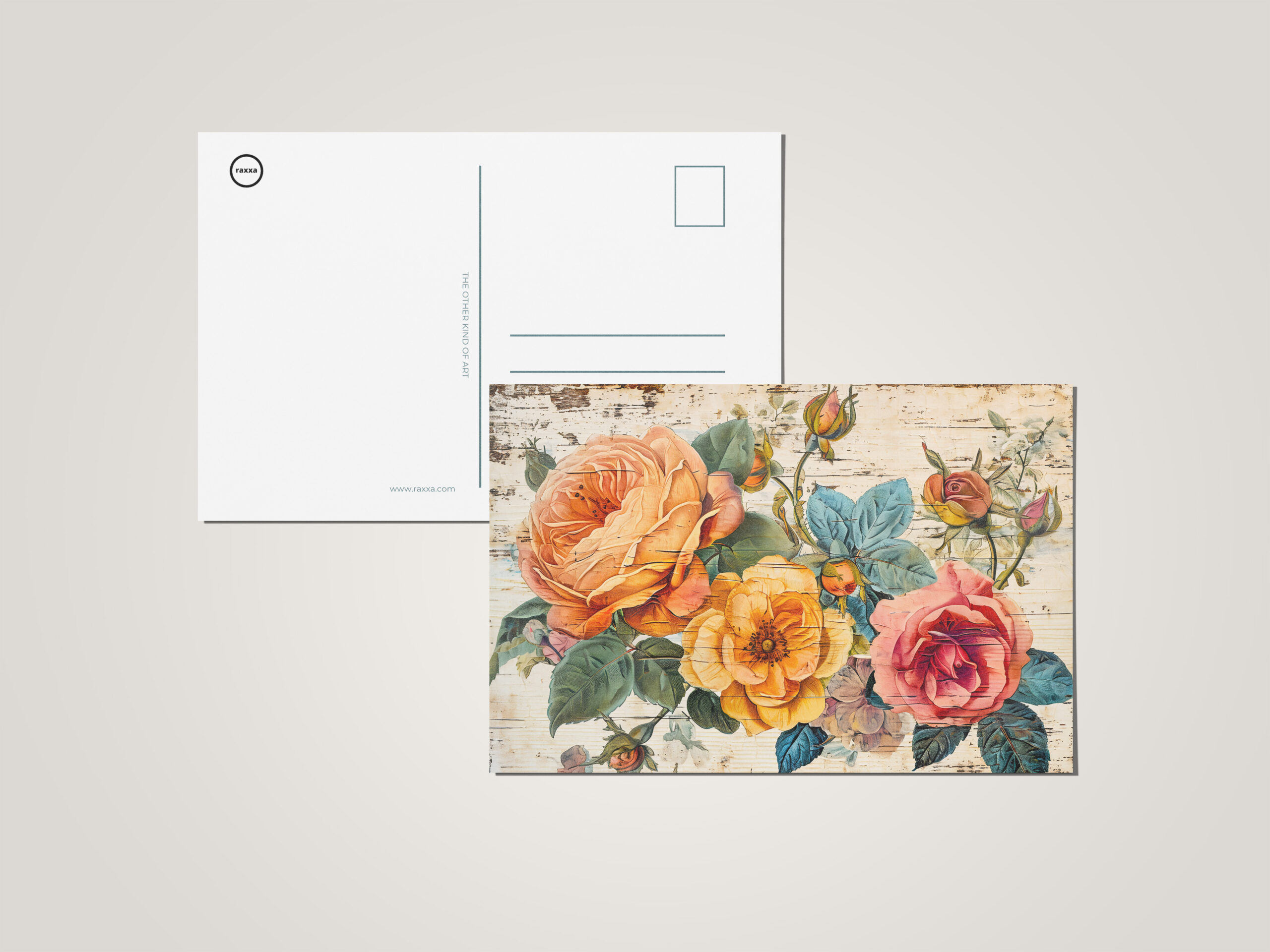 raxxa Postkarte: Orange and Pink Roses on Rustic Wood