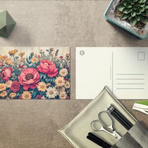 raxxa Postkarte: Dahlia and Rose Garden Mix on Blue Wood