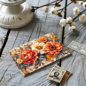 raxxa Postkarte: Peonies and Marigolds on Dark Rustic Wood