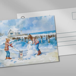 raxxa Postkarte: Boy girl and dog playing on winter beach watercolor