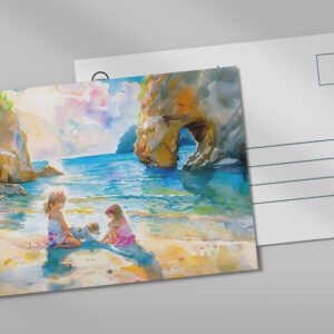 raxxa Postkarte: Girls playing by seaside rock arch watercolor