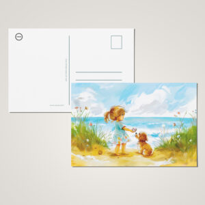 raxxa Postkarte: Girl with dog playing at beach watercolor