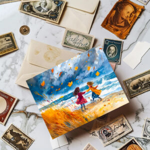 raxxa Postkarte: Autumn Stormy Beach Fun with Dog watercolor painting