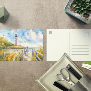raxxa Postkarte: Lighthouse trail with child and dog watercolor
