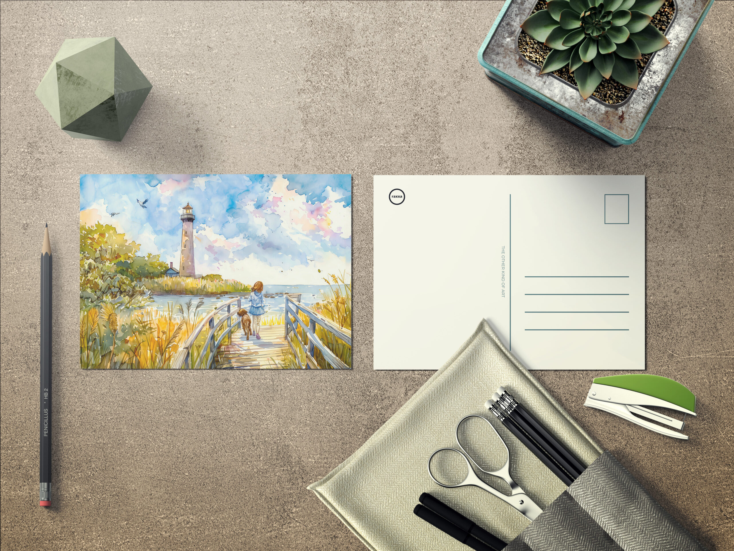 raxxa Postkarte: Lighthouse trail with child and dog watercolor