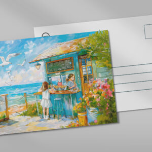 raxxa Postkarte: Girl buying sandwitch and water bottle at beach snacks watercolor