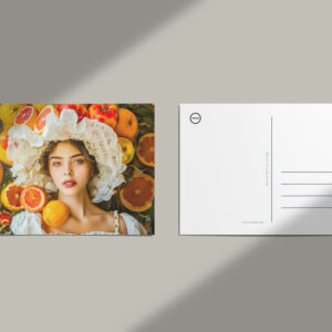 raxxa Postkarte: Woman with grape fruits and white summer hat portrait