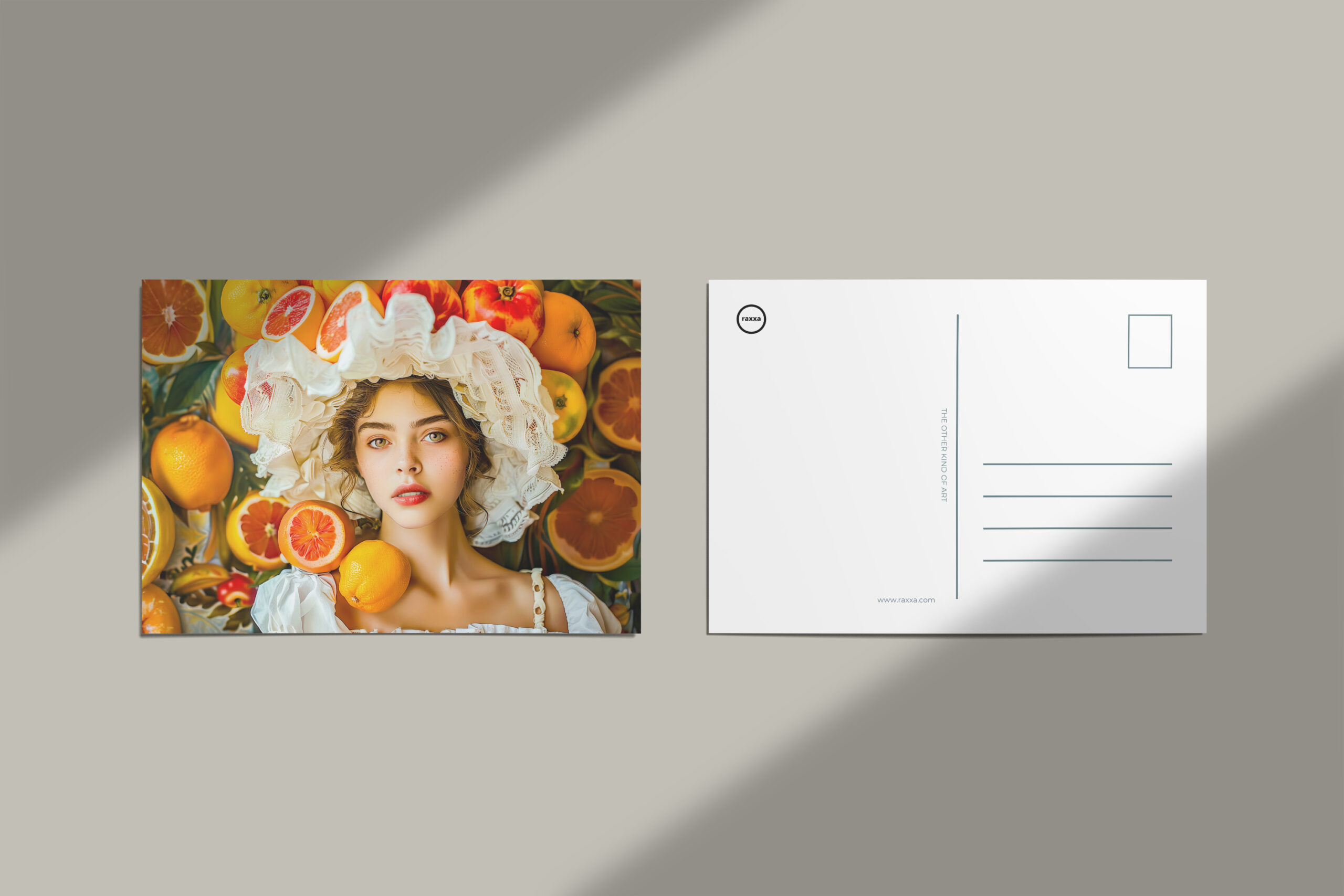raxxa Postkarte: Woman with grape fruits and white summer hat portrait