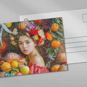 raxxa Postkarte: Woman with mixed fruits and floral decor