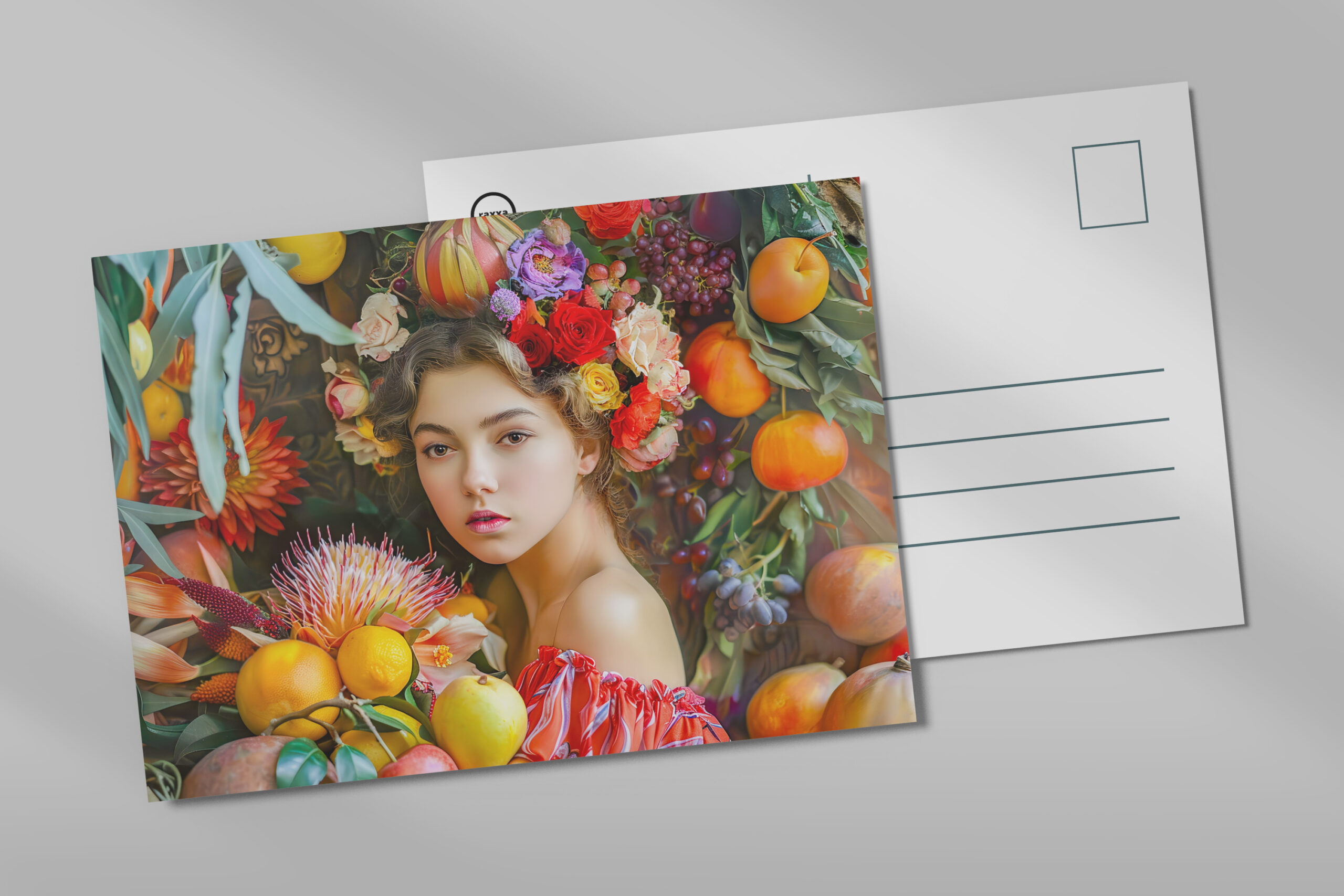 raxxa Postkarte: Woman with mixed fruits and floral decor