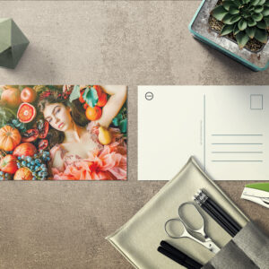 raxxa Postkarte: Woman reclining among fruits and petals