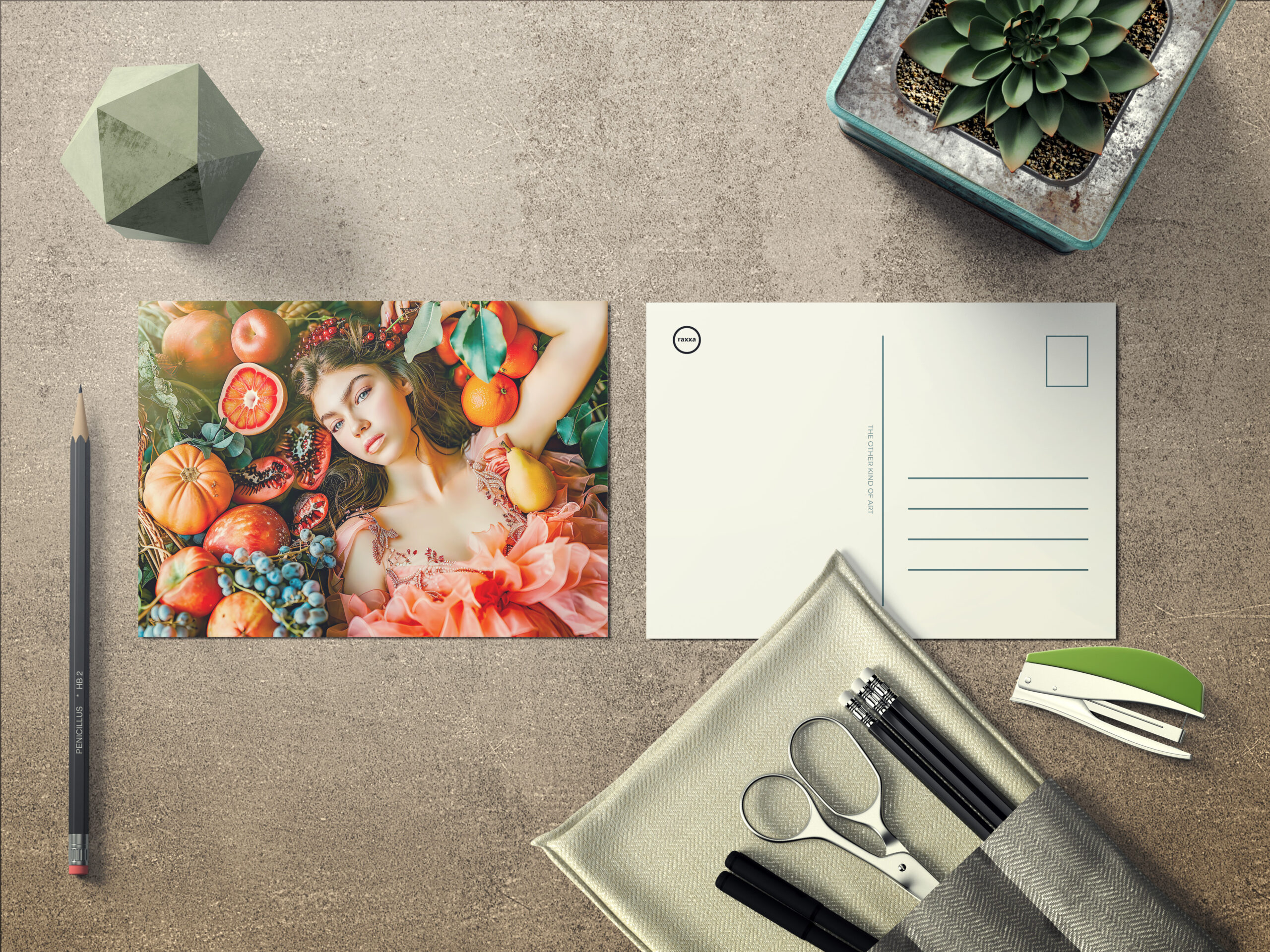 raxxa Postkarte: Woman reclining among fruits and petals