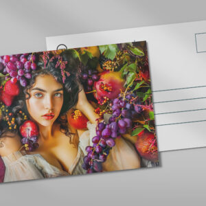 raxxa Postkarte: Elegant woman with pomegranate grapes and floral crown