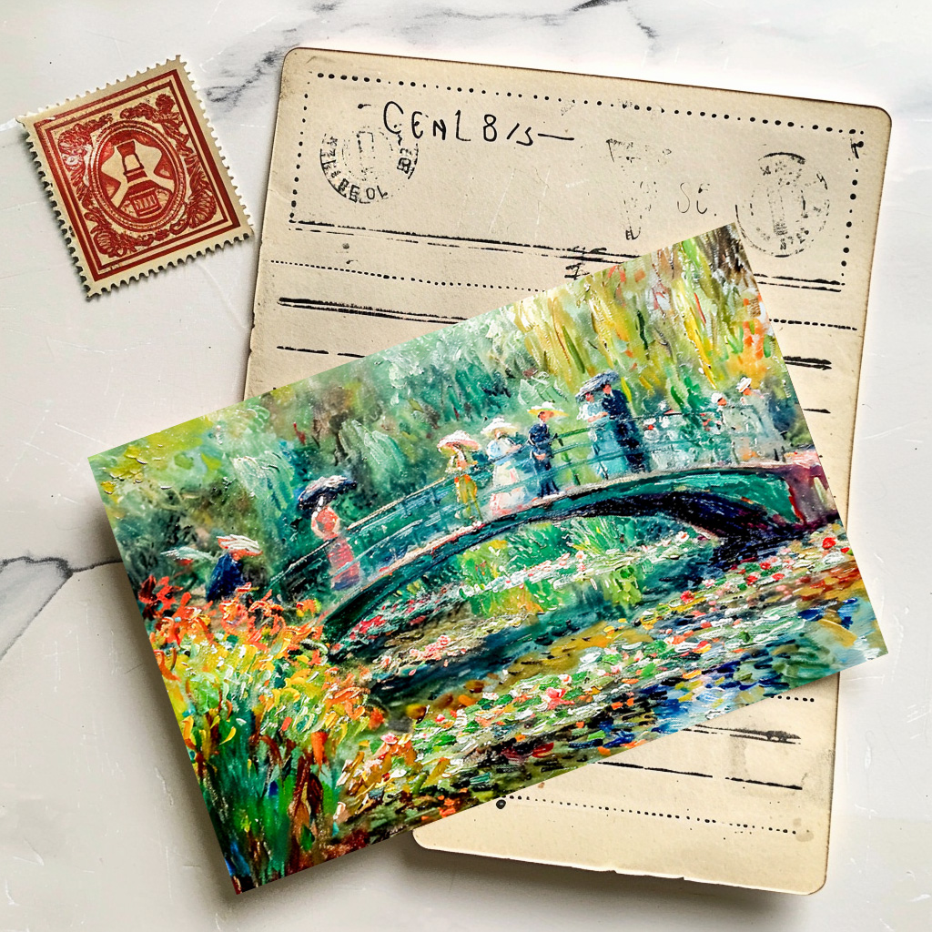 raxxa Postkarte: People on garden bridge with water lilies