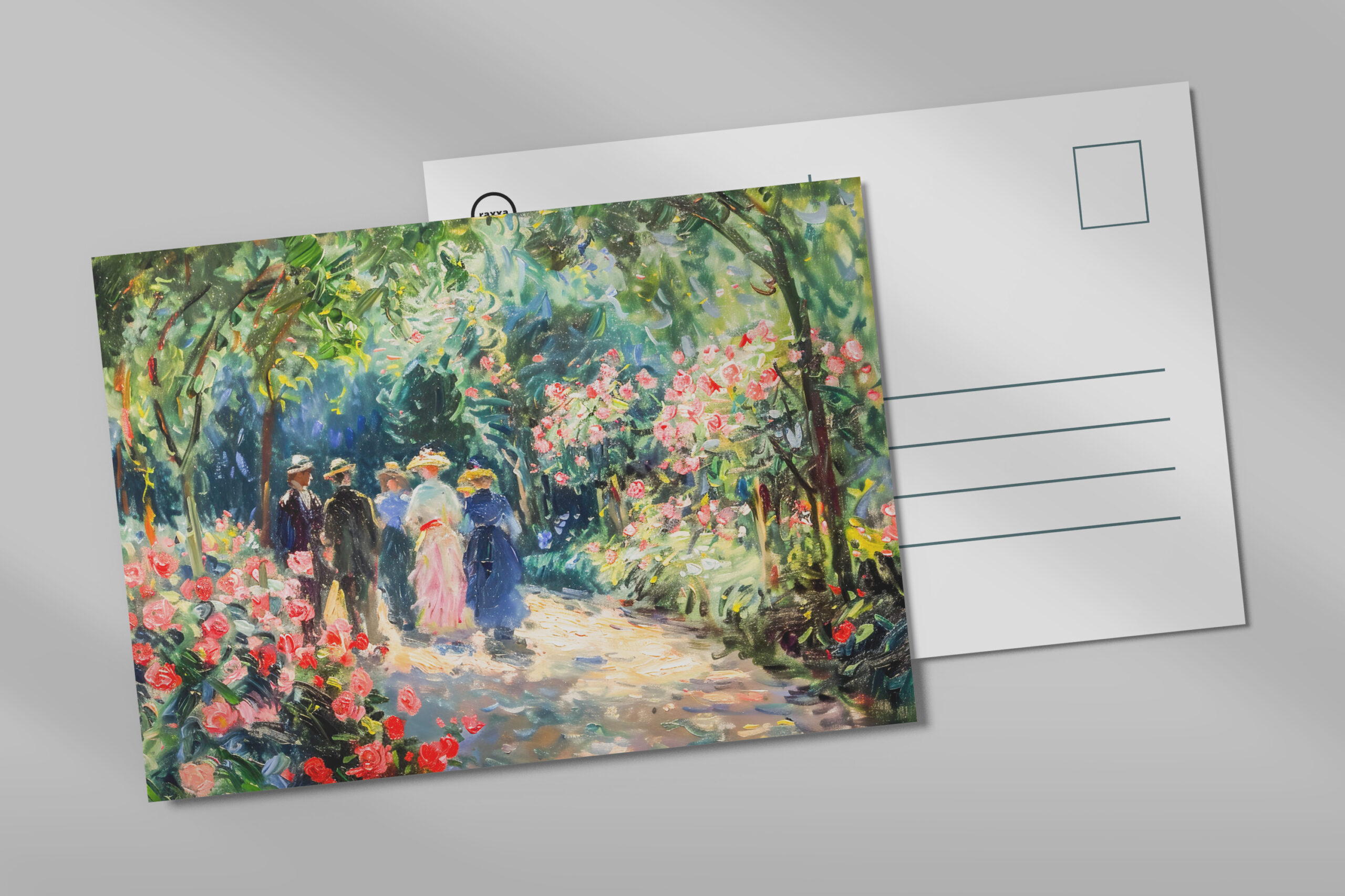 raxxa Postkarte: People walking through rose garden