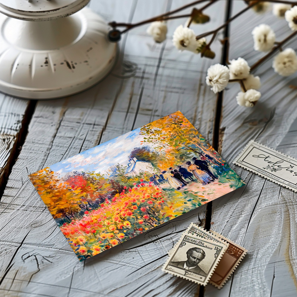 raxxa Postkarte: Group walking in autumn garden with flowers