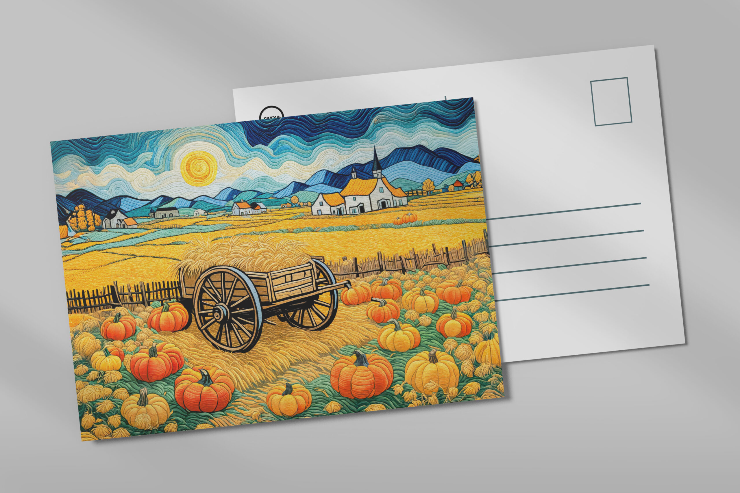 raxxa Postkarte: Pumpkin Field Harvest with Hay Wagon